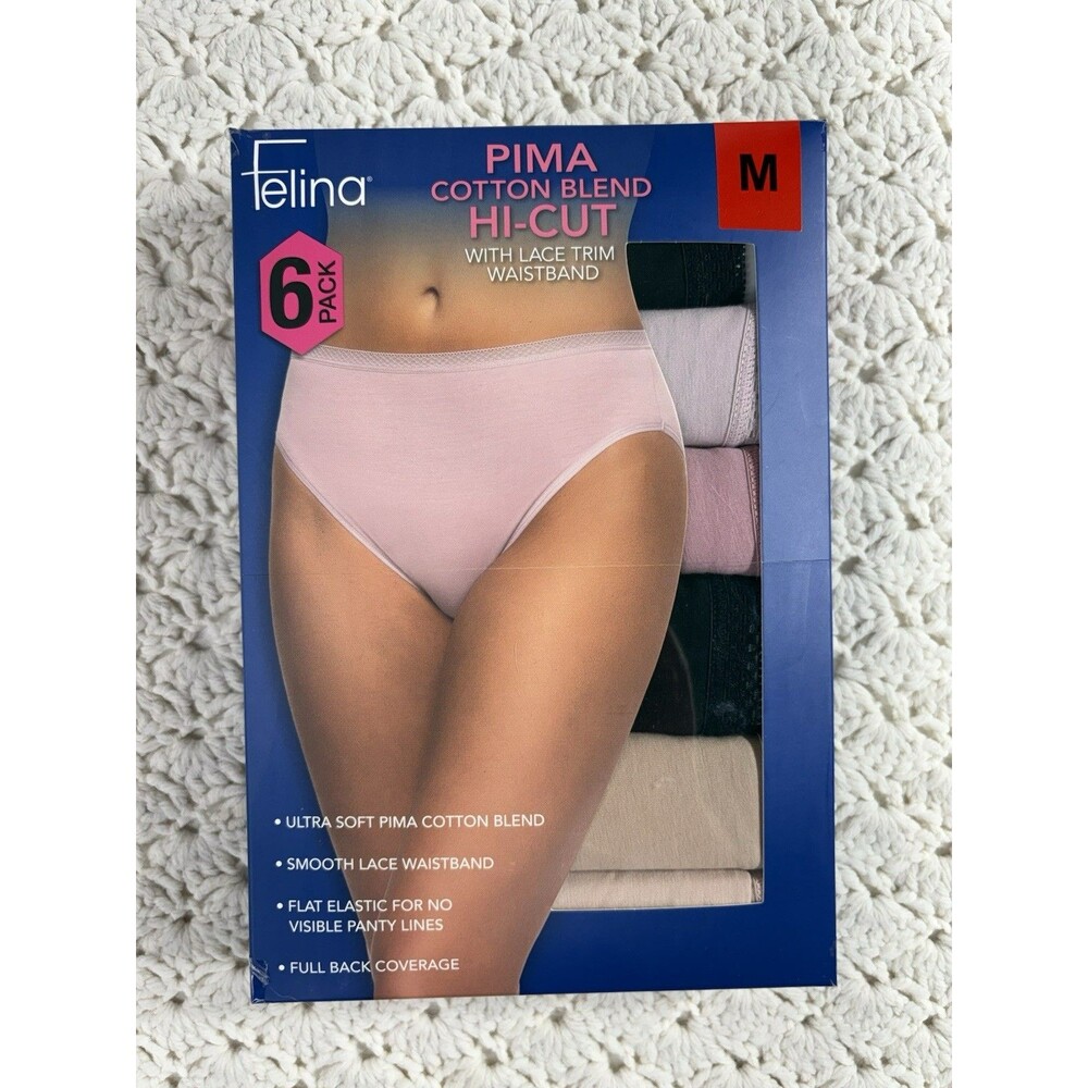 Felina 6-pack Pima Cotton Hi-Cut Lace Trim Brief Panties 7621 Women's Medium